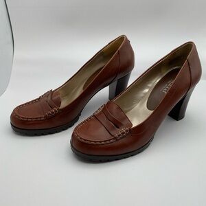 a.n.a A New Approach Brown Leather Penny Loafer Heels Lug Sole 9M